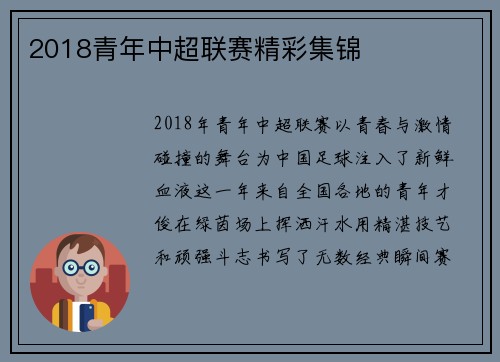 2018青年中超联赛精彩集锦
