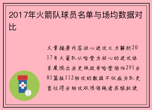 2017年火箭队球员名单与场均数据对比